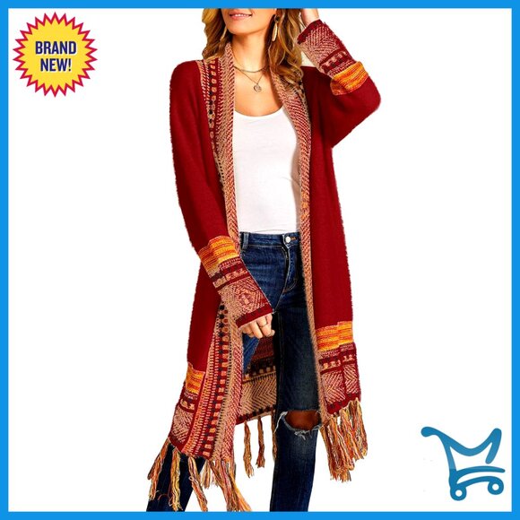 Sweaters - Long Open Front Cardigan Sweater, Oversized Fit, Acrylic Knit, Tassel Fringe